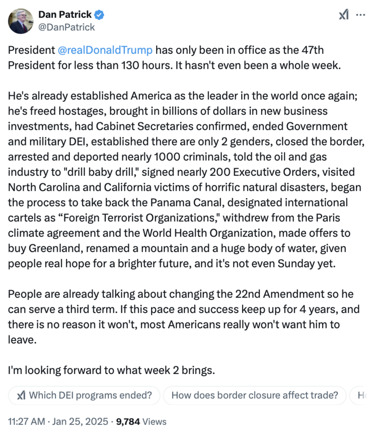 Tweet by Dan Patrick expressing support for Donald Trump, referred to as the 47th President, citing various claimed accomplishments within 130 hours of being in office. Mentions include business investments, executive orders, foreign policy actions, and domestic policies. Also suggests public support for a third term and anticipation for future developments. Includes engagement metrics such as views and posted timestamp.