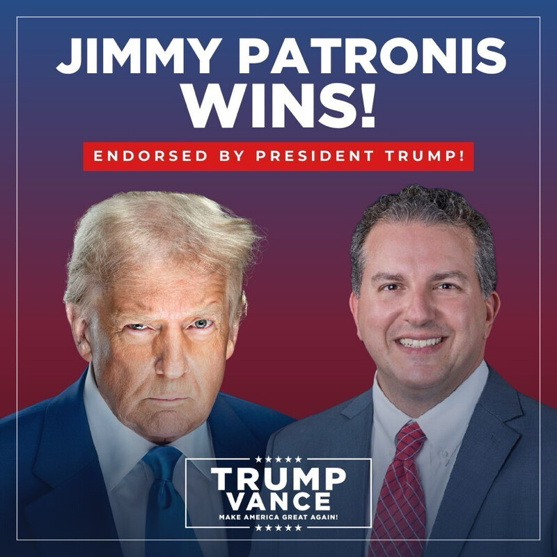 Jimmy Patronis wins; endorsed by President Trump. Image includes two men in suits, with a "Trump Vance Make America Great Again" text overlay.