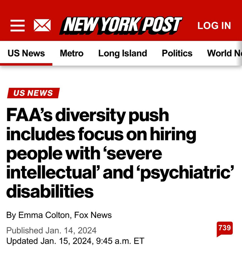 New York Post article headline about FAA's diversity initiative, highlighting a focus on hiring individuals with severe intellectual and psychiatric disabilities. Published by Emma Colton from Fox News on January 14, 2024, and updated on January 15, 2024.