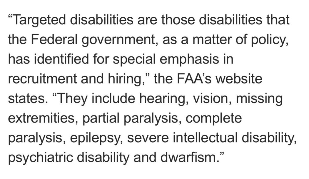 Text excerpt from the FAA website explaining "targeted disabilities" identified by the federal government for emphasis in recruitment and hiring, including hearing, vision, missing extremities, partial paralysis, complete paralysis, epilepsy, severe intellectual disability, psychiatric disability, and dwarfism.