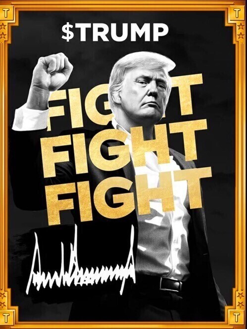 Illustration of a person with a raised fist, overlaid with the words "FIGHT FIGHT FIGHT" in bold yellow letters, and a signature at the bottom. The background is black, and the edges are framed with a gold border.