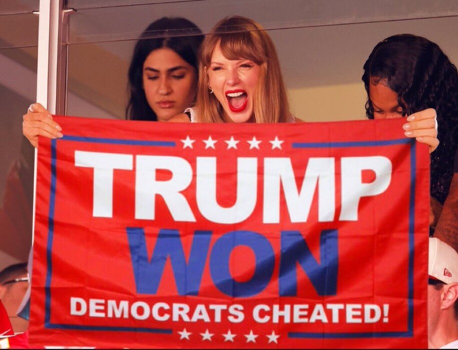 A person holding a red banner with the text "TRUMP WON DEMOCRATS CHEATED!" in bold white and blue lettering, accompanied by two other individuals.