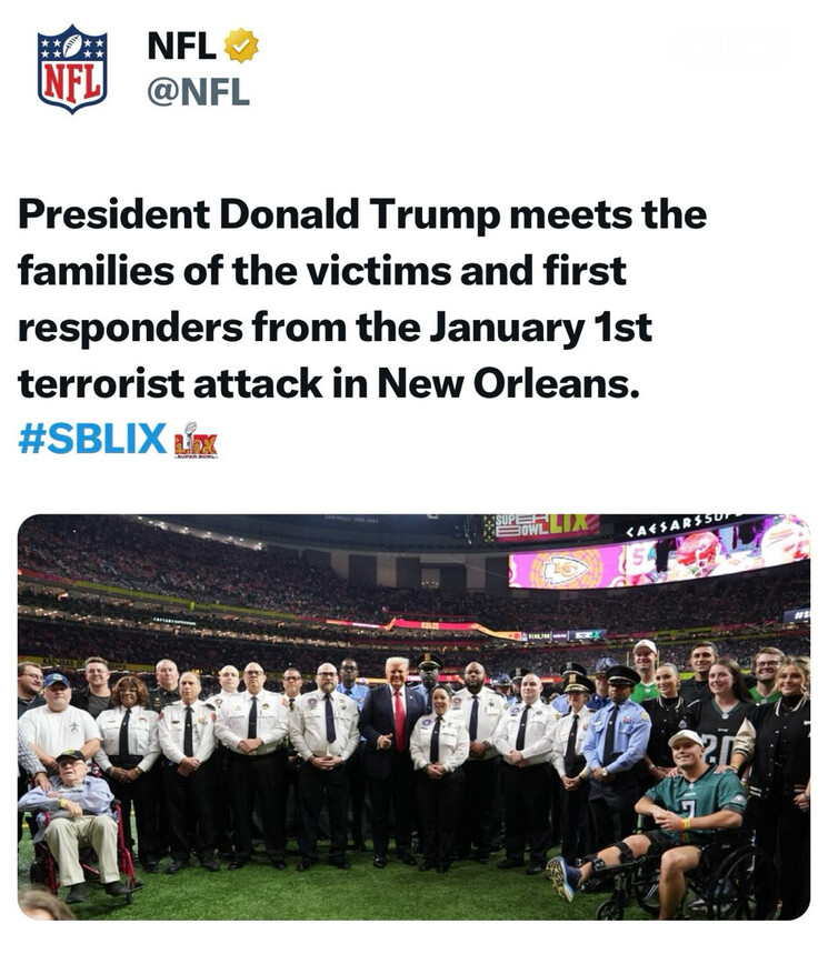 Text mentioning a meeting between President Donald Trump and families and first responders of a terrorist attack in New Orleans. Features NFL logo, #SBLIX hashtag, and an image showing a group of people, including uniformed personnel and individuals on a football field, with a sports stadium and crowd in the background.