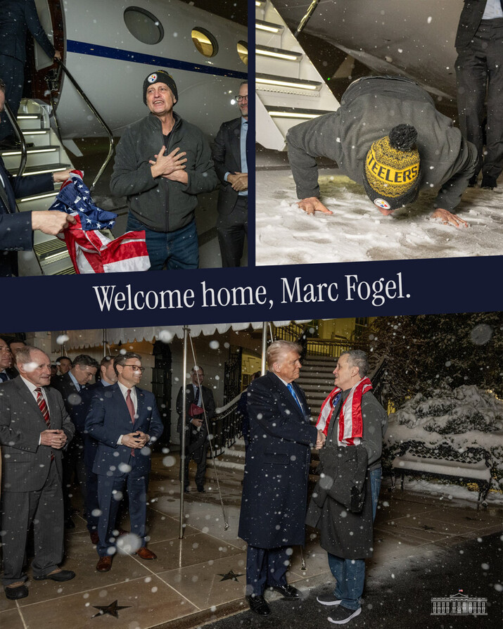 A collage showing a man arriving from a plane, greeted warmly by officials in snowy conditions. He wears a "Steelers" beanie and kneels to kiss the snow. In another image, he is welcomed with a handshake outside a building adorned with American flags. The text "Welcome home, Marc Fogel" is prominently displayed.