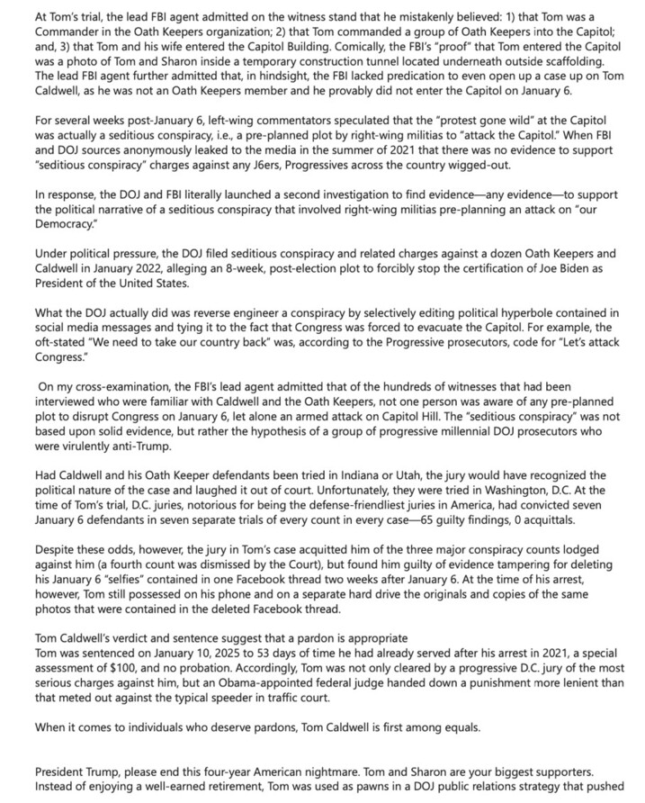 A document discussing Tom Caldwell's trial relating to January 6, mentioning FBI testimonies and procedural details, implications of media narratives, Department of Justice actions, jury verdicts, and a plea for a presidential pardon.