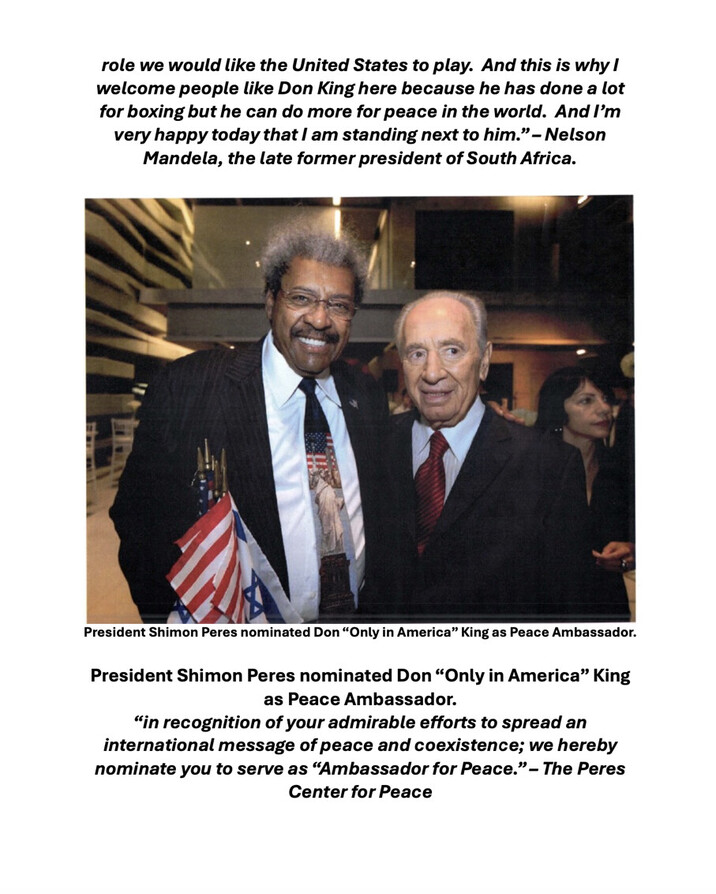 Two men in formal attire standing together, one holding flags. Text above mentions Nelson Mandela, highlighting the importance of peace efforts, while text below notes Shimon Peres nominating Don King as a Peace Ambassador, recognizing his efforts to spread a message of peace and coexistence.