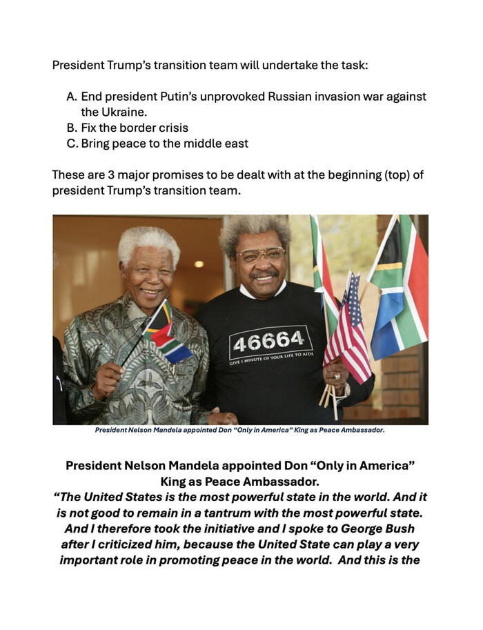 Text discussing President Trump's transition team and its goals, which include ending the Russian invasion of Ukraine, fixing the border crisis, and bringing peace to the Middle East. Below, a photo of two individuals, with one holding flags. Caption mentions President Nelson Mandela appointing Don King as a Peace Ambassador. Text quotes Mandela on the importance of U.S. involvement in global peace.