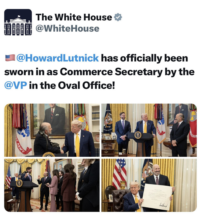 The White House Twitter post announces Howard Lutnick being sworn in as Commerce Secretary by the Vice President in the Oval Office. Four images show a gathering in the Oval Office, with people shaking hands, speaking behind a podium, and holding a certificate. The setting includes official flags and a presidential portrait.