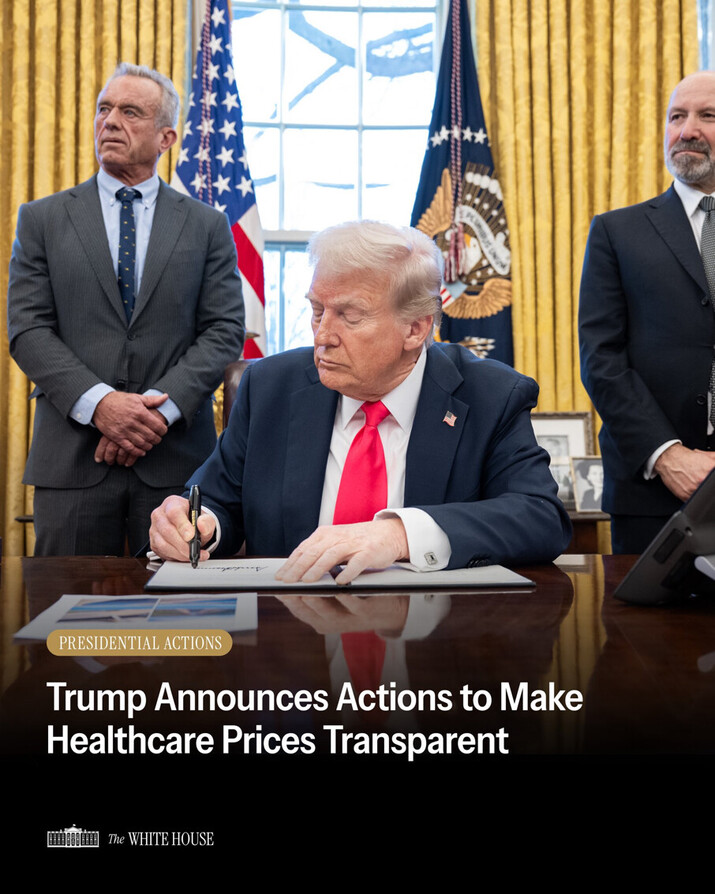Donald Trump signing a document in the Oval Office, with two men standing behind him. Flags and presidential emblems are visible. The text overlay reads, "Trump Announces Actions to Make Healthcare Prices Transparent," with branding for "The White House."
