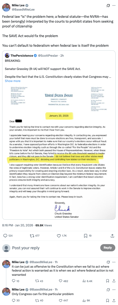 Screenshot of a Twitter conversation between Mike Lee and The Persistence. Mike Lee discusses issues with federal law interpreting the NVRA, suggesting the SAVE Act as a solution. An embedded tweet from The Persistence mentions Senator Chuck Grassley not supporting the SAVE Act, highlighting concerns over election integrity and federal overreach. The exchange includes images of a letter from Senator Grassley and further replies by Mike Lee emphasizing the need for congressional action.