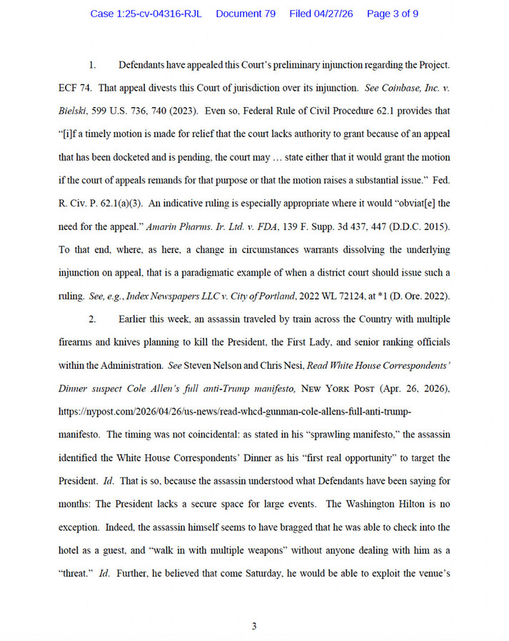 Court document discussing an appeal of a preliminary injunction related to a project, referencing case law and rules of civil procedure. Includes details on an assassination attempt targeting the President and other officials, citing a news article about the suspect and manifesto, highlighting security concerns at large events.