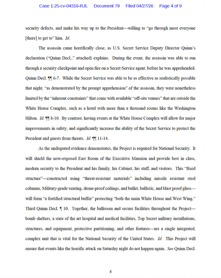 Legal document text discussing a security breach during an attempted assassination near the U.S. Secret Service. It highlights the constraints of off-site venues, advocating for events at the White House Complex to enhance security. The document emphasizes the need for a project to protect the Executive Mansion, mentioning features like threat-resistant materials, military-grade venting, and secure facilities crucial for U.S. national security.