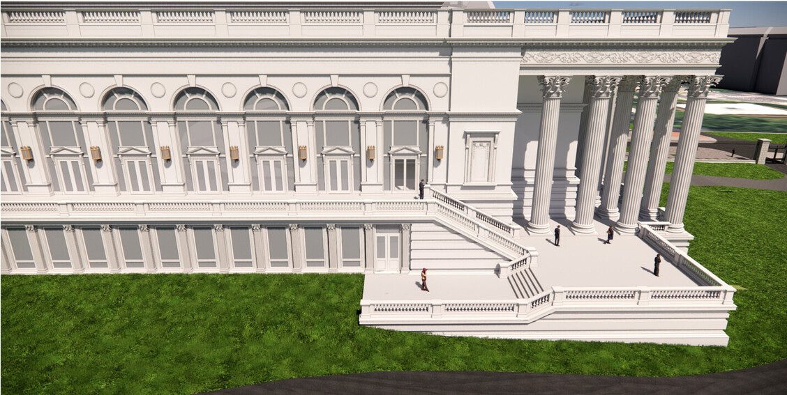 Neoclassical building with large columns, ornate architectural details, arched windows, and a grand staircase. Menschen stehen auf der Treppe und Grünflächen umgeben die Struktur.