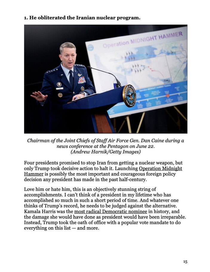 Air Force General in uniform speaking at a Pentagon news conference podium with an "Operation Midnight Hammer" infographic in the background. Text discusses a military operation and mentions presidential actions regarding foreign policy and nuclear programs.