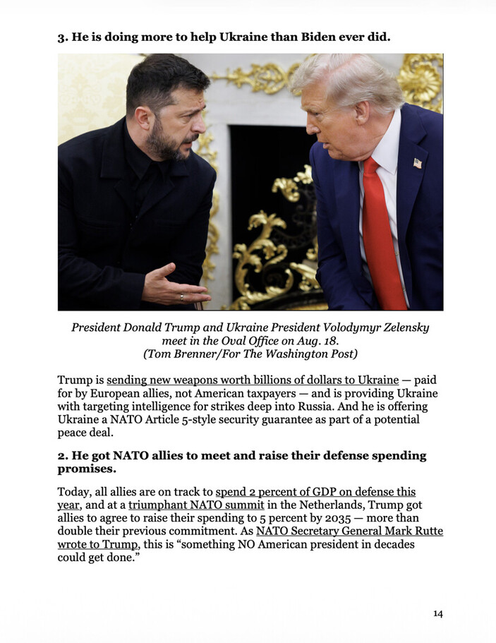 President Donald Trump and Ukraine President Volodymyr Zelensky meet in the Oval Office on August 18. Text discusses Trump's support for Ukraine, including sending weapons funded by European allies, offering a NATO-style security guarantee, and encouraging NATO allies to increase defense spending.