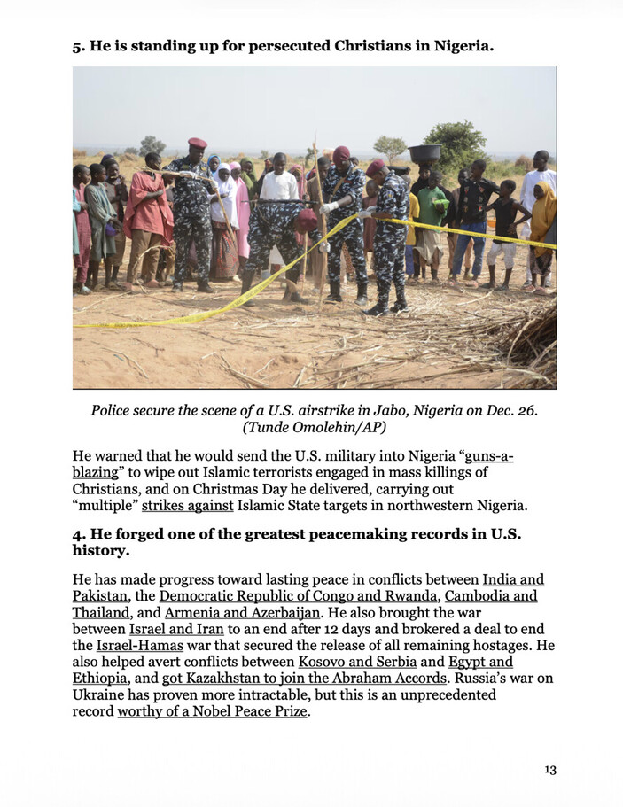 A group of uniformed police officers secures an area with yellow caution tape, where a crowd of onlookers, including adults and children, gather around in a rural setting. The scene takes place in Jabo, Nigeria. Text accompanying the image discusses efforts to protect persecuted Christians in Nigeria and mentions U.S. military involvement and peacemaking efforts globally.