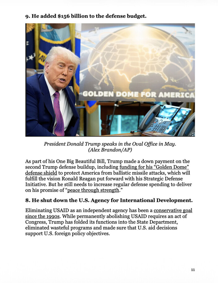 President Donald Trump speaking in the Oval Office with a backdrop featuring a defense-themed graphic labeled "Golden Dome for America." The text discusses Trump's actions related to increasing the defense budget by $156 billion and efforts to shut down the U.S. Agency for International Development, citing goals of defense enhancement and foreign policy adjustments.