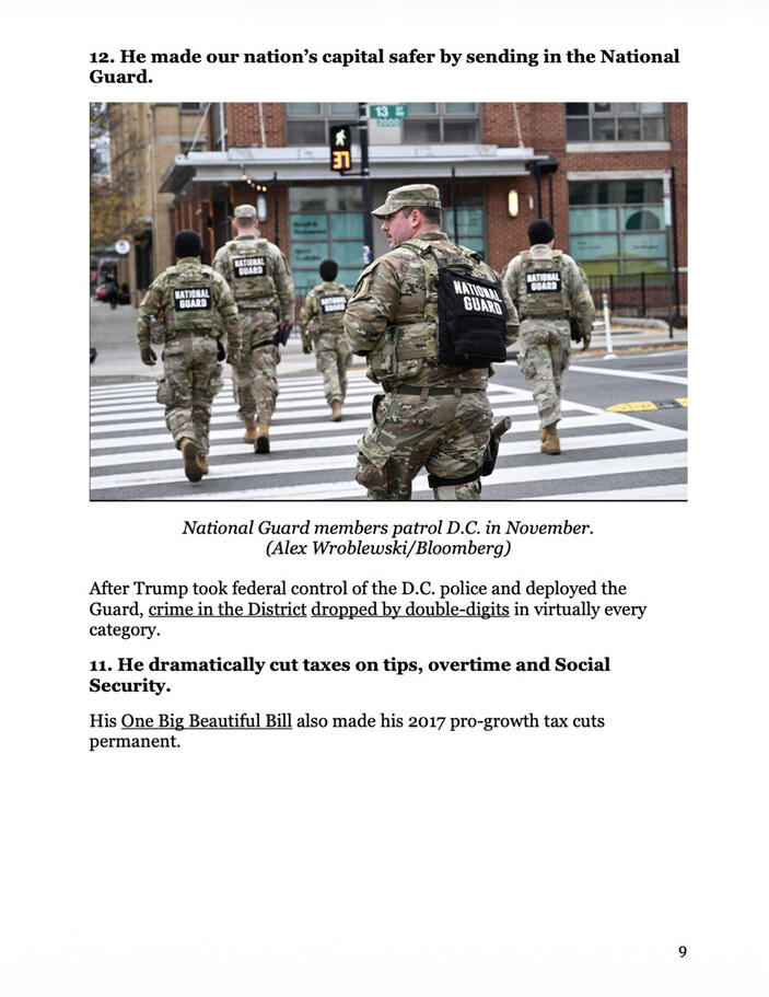 National Guard members in camouflage uniforms patrol a crosswalk in an urban area. The scene depicts a city environment with buildings and traffic signals in the background. Text highlights the deployment of the National Guard in Washington D.C. and discusses policy changes related to crime and tax cuts.