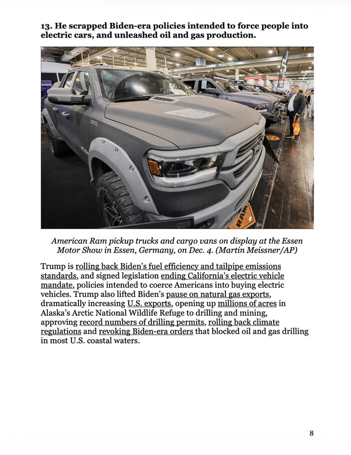 American Ram pickup trucks and cargo vans on display at the Essen Motor Show in Essen, Germany. Text references policy changes regarding U.S. vehicle and energy regulations, specifically mentioning rollbacks on Biden-era fuel efficiency, tailpipe emission standards, and restrictions on oil and gas production.