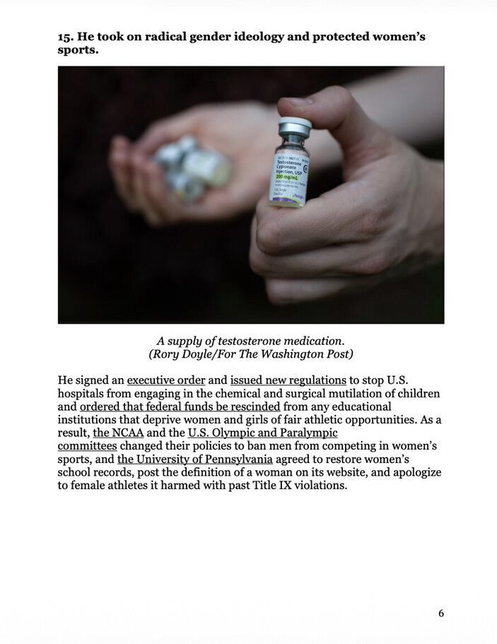 Hands holding a vial labeled "Testosterone Cypionate Injection, USP, 200 mg/ml," with accompanying text discussing policies regarding gender ideology, protection of women's sports, and executive actions affecting athletic and educational institutions.