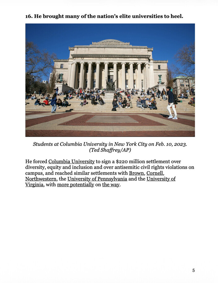 Students gathered on the steps of a neoclassical building at Columbia University in New York City, with clear blue skies and leafless trees in the background. The image is taken on February 10, 2023, and is attributed to Ted Shaffrey/AP. Text at the bottom discusses a settlement involving Columbia University related to diversity, equity, and civil rights issues.