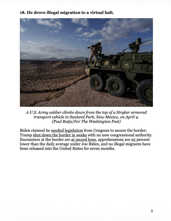 A U.S. Army soldier descends from a Stryker armored vehicle on a rocky terrain in Sunland Park, New Mexico. The scene is set against a backdrop of a vast desert landscape with a partly cloudy sky. The image is part of a discussion on border security and immigration policies.