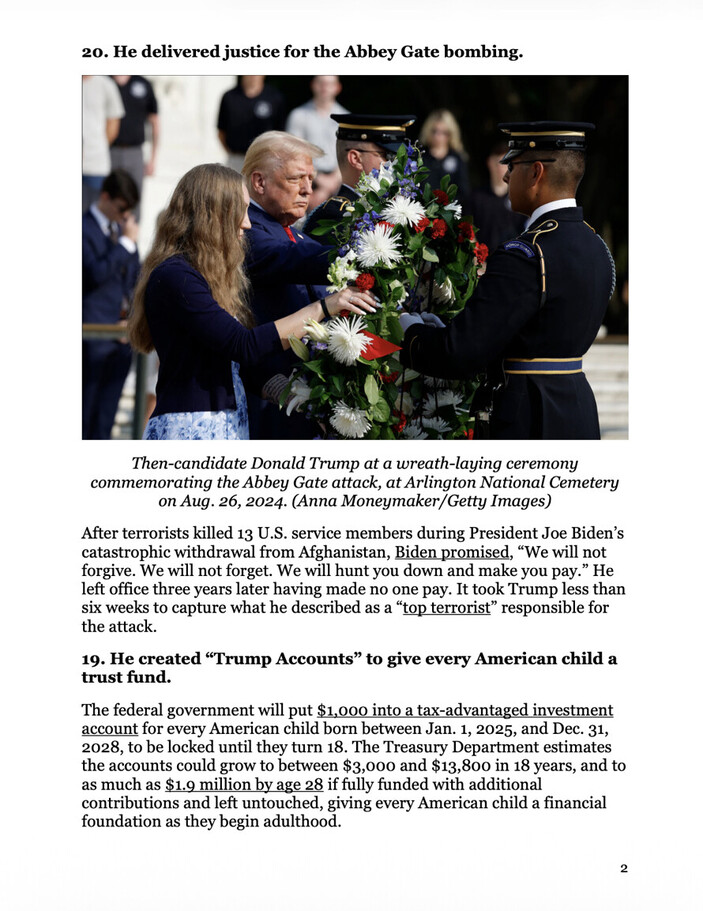 Donald Trump participates in a wreath-laying ceremony with military personnel and a young woman, commemorating the Abbey Gate attack at Arlington National Cemetery on August 26, 2024. The image includes text about the event and details on a proposed policy related to “Trump Accounts” for American children.