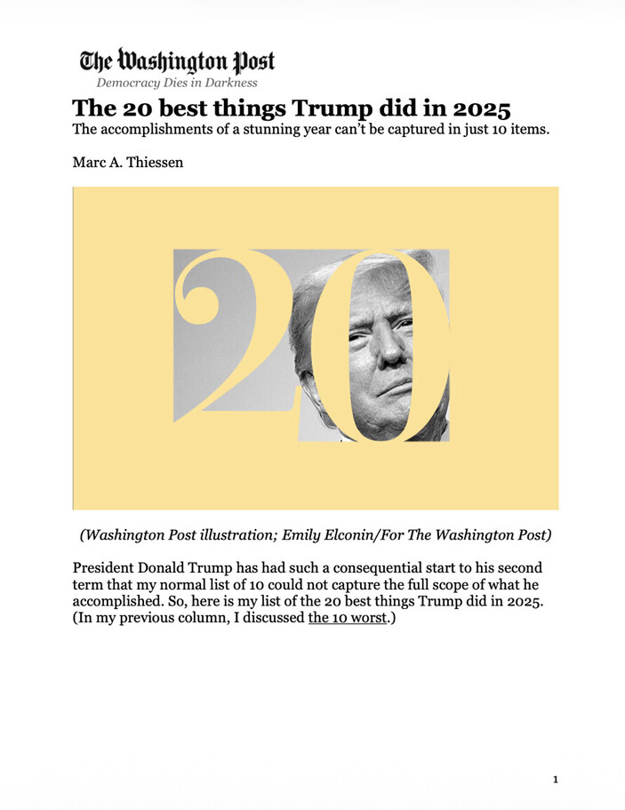 The Washington Post article titled "The 20 best things Trump did in 2025" by Marc A. Thiessen discusses accomplishments from Trump's second presidential term. The illustration includes the number 20 with part of Trump's face.