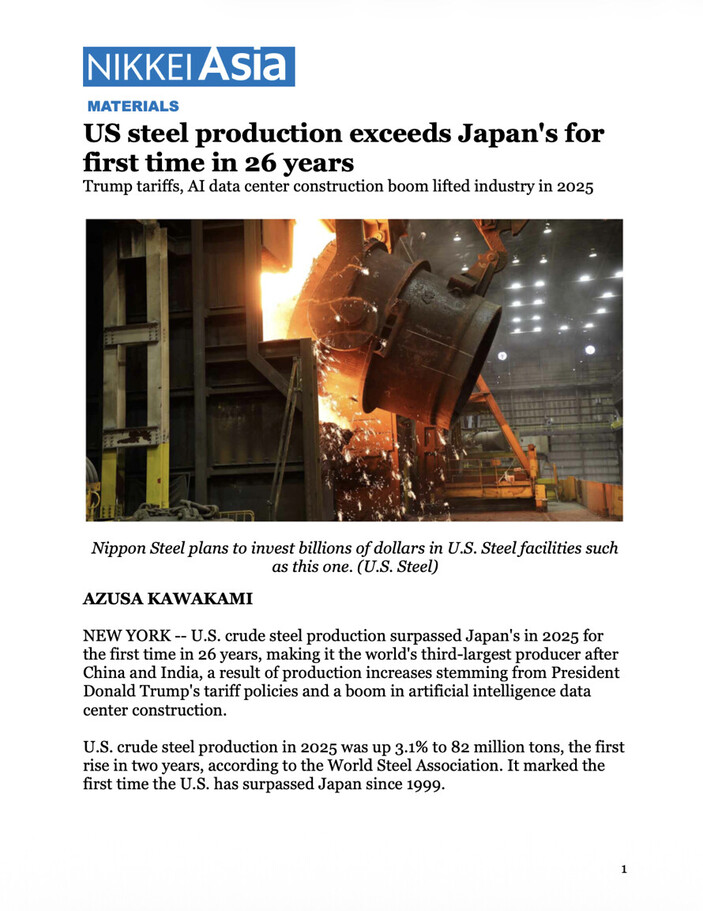 Nikkei Asia header; headline about US steel production exceeding Japan's for the first time in 26 years; Trump tariffs and AI data center construction boom cited as reasons. Article by Azusa Kawakami discusses Nippon Steel's investment plans and U.S. steel industry's growth. Image of molten steel being poured at a facility, highlighting industrial progress and production scale.