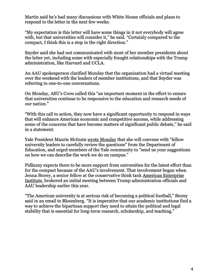 Text document discussing university leaders' response to a letter involving the White House and Department of Education, featuring quotes from several academic officials and mentions of institutions such as Harvard, UCLA, ASU, and Yale. The document highlights discussions about education policies and the role of universities in political and economic contexts, referencing the American Enterprise Institute and the Trump administration.