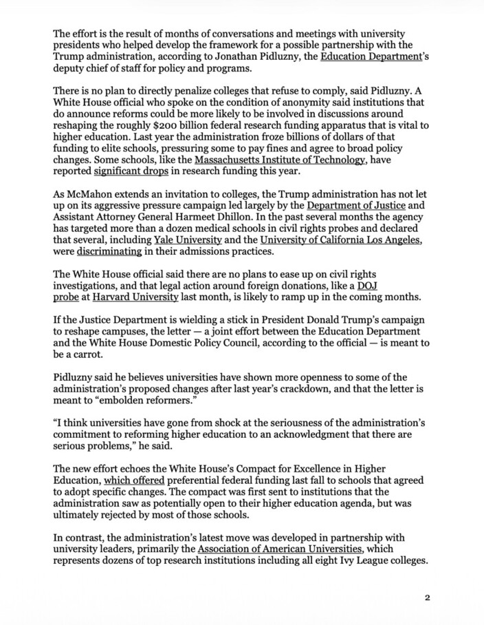 Text discussing efforts by the Trump administration to reshape higher education funding, involving collaboration with university presidents and federal agencies. It mentions the Education Department, Department of Justice, and White House initiatives aimed at reforming research funding and admissions practices at elite institutions. References to the University of California Los Angeles, Massachusetts Institute of Technology, Yale University, and the Association of American Universities are included.