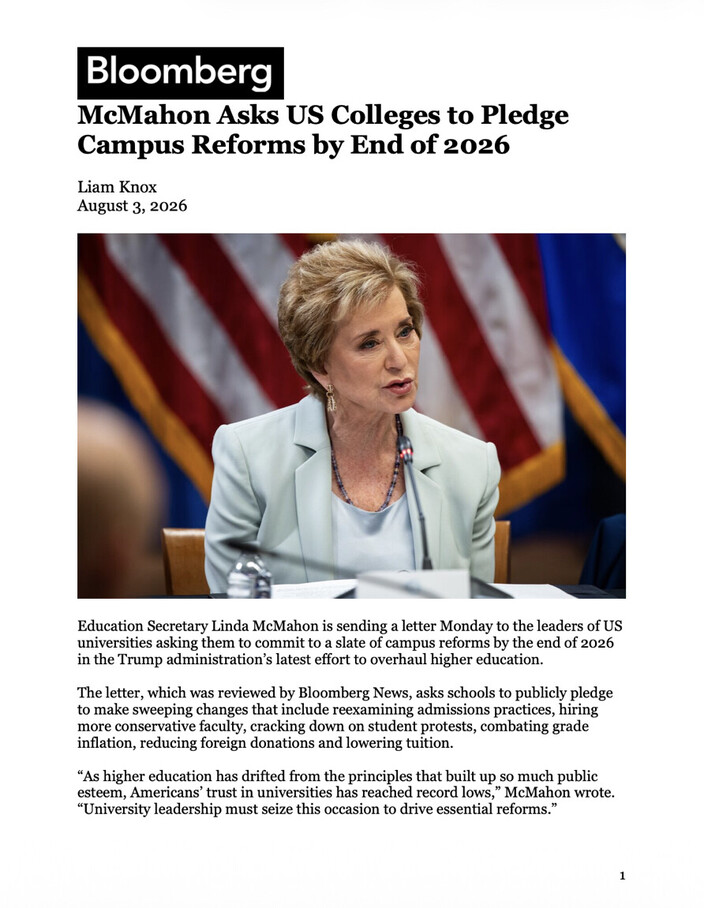 Bloomberg article titled "McMahon Asks US Colleges to Pledge Campus Reforms by End of 2026" by Liam Knox, featuring Education Secretary Linda McMahon addressing higher education reforms. The image includes a headshot of McMahon speaking, with an American flag background, highlighting requests for university commitments to new reforms by 2026, including admissions practices, faculty hiring, student protests, grade inflation, and tuition adjustment.