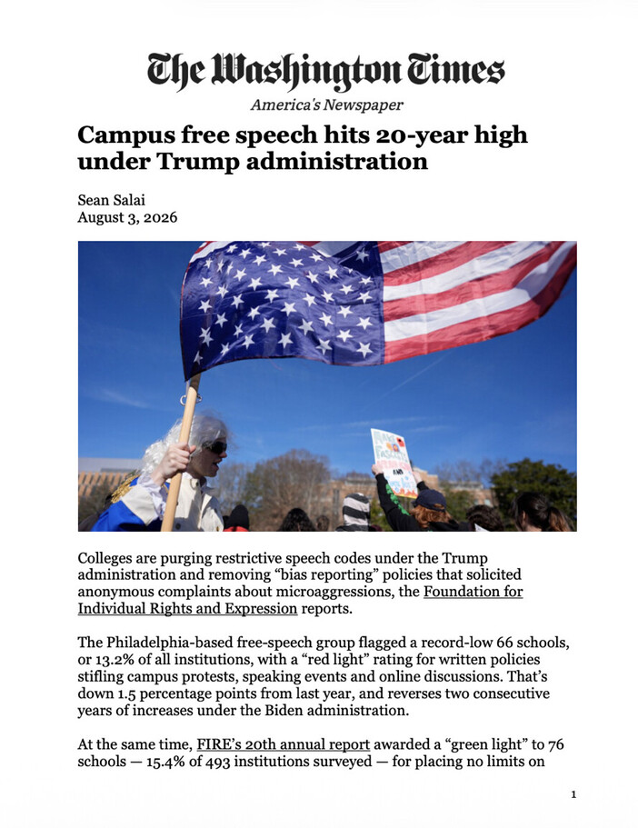 The Washington Times article with headline "Campus free speech hits 20-year high under Trump administration" by Sean Salai, dated August 3, 2026. Image shows a person holding an American flag during a campus protest. Text discusses the purging of restrictive speech codes and removal of "bias reporting" policies under the Trump administration, reporting by the Foundation for Individual Rights and Expression, and statistics from FIRE’s 20th annual report on free speech in educational institutions.