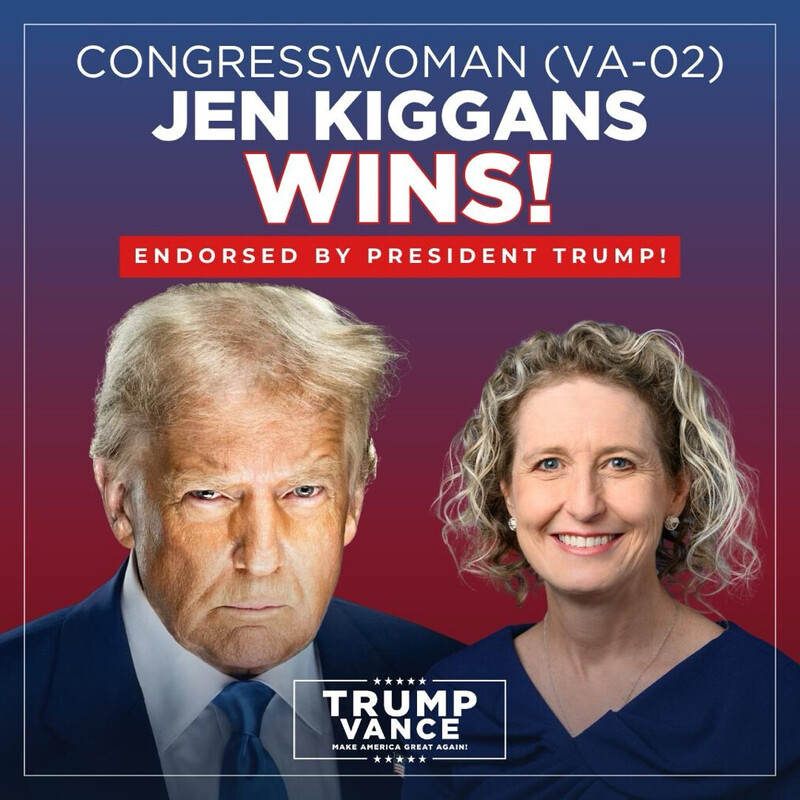 Congresswoman Jen Kiggans wins VA-02, endorsed by President Trump. Trump Vance campaign slogan "Make America Great Again!" in the corner, featuring images of the two individuals against a blue and red gradient background.