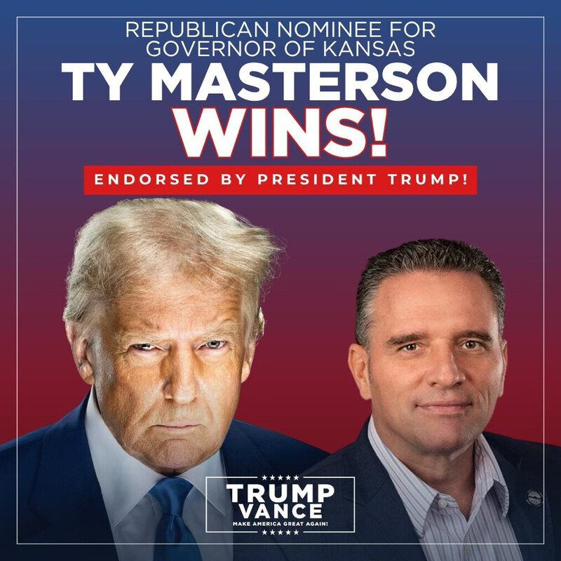 Ty Masterson announced as the Republican nominee for Governor of Kansas, with endorsement from President Trump. The image includes portraits of two individuals, with bold text stating "Ty Masterson Wins!" and a Trump Vance logo at the bottom.