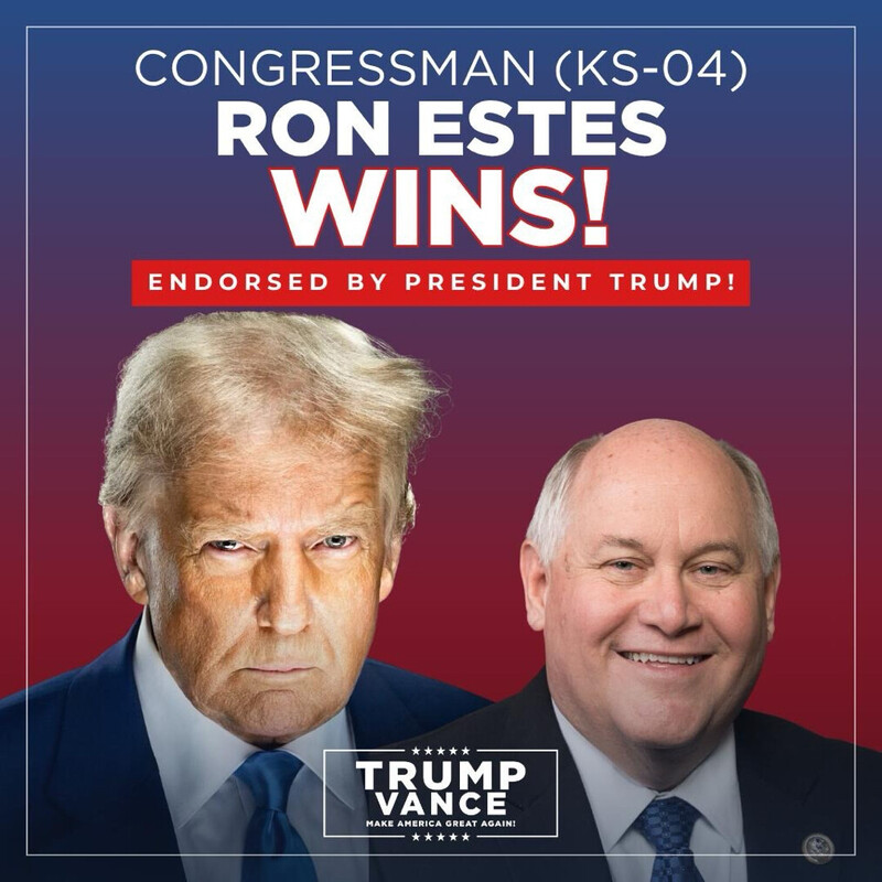 Congressman KS-04 Ron Estes wins election, endorsed by President Trump. Image includes two men; text emphasizes victory and endorsement. Background with gradient colors and a "Trump Vance Make America Great Again" logo.