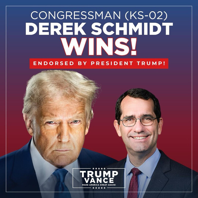 Congressional win announcement for Derek Schmidt in KS-02, endorsed by former President Trump, featuring a blue and red gradient background and branding of Trump Vance with the slogan "Make America Great Again."