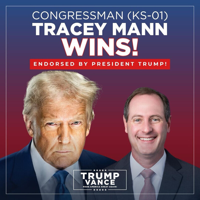 Congressman Tracey Mann wins, endorsed by President Trump, with a Trump Vance campaign logo; features images of two individuals against a gradient background.