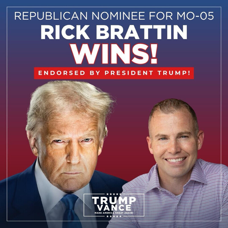 Republican nominee announcement for MO-05 featuring Rick Brattin with a victory statement and endorsement by President Trump. Includes campaign theme "Trump Vance Make America Great Again."