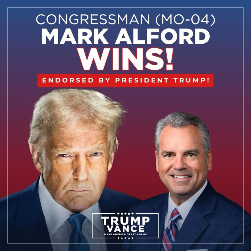Congressman MO-04 Mark Alford wins, endorsed by President Trump, featuring logos and photo of two individuals.