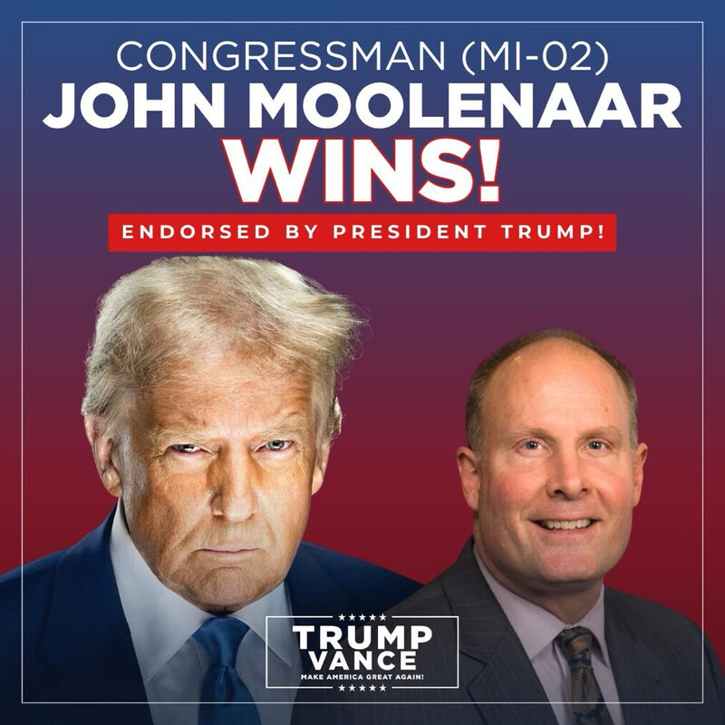 Congressman John Moolenaar wins in Michigan's 2nd district, endorsed by former President Trump. The image includes photos of both individuals and the Trump Vance slogan, "Make America Great Again."