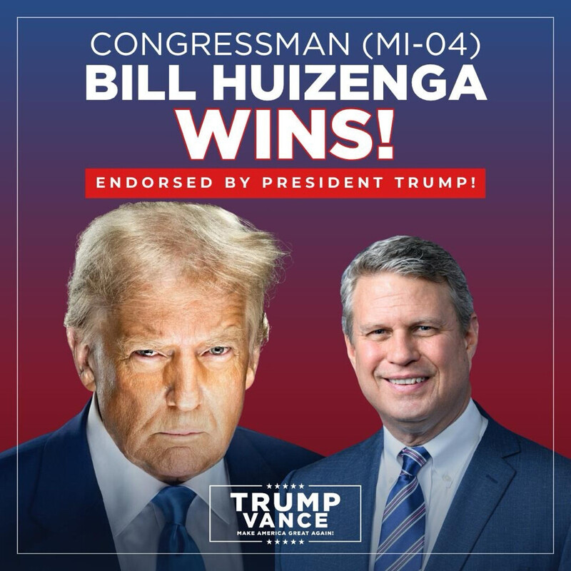 Congressman Bill Huizenga wins MI-04 election, endorsed by President Trump. Features images of Bill Huizenga and Donald Trump, with a "Trump Vance - Make America Great Again!" logo at the bottom. Background is a gradient of red to blue.