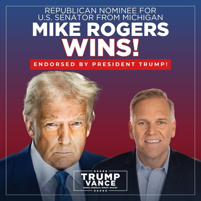 Republican nominee Mike Rogers wins U.S. Senate race in Michigan, endorsed by President Trump. Image includes pictures of a man in a suit and another man. Text displays "Trump Vance - Make America Great Again!" against a red and blue gradient background.