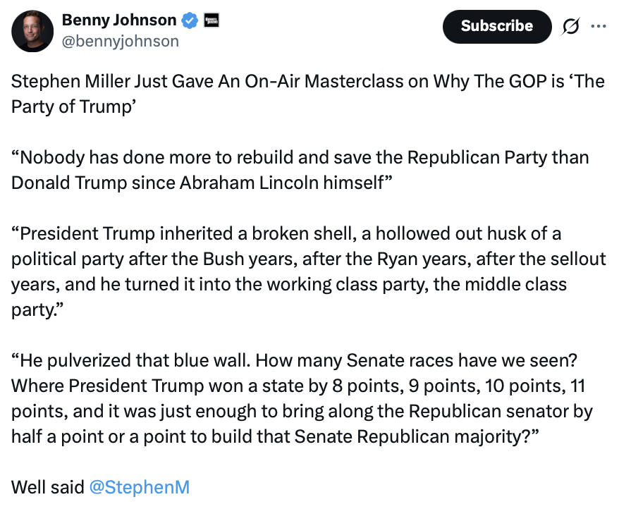 Benny Johnson tweet about Stephen Miller discussing Donald Trump's impact on the Republican Party, describing Trump as revitalizing the party and comparing his influence to Abraham Lincoln. Includes praise for Trump's electoral achievements and a mention of Stephen Miller.